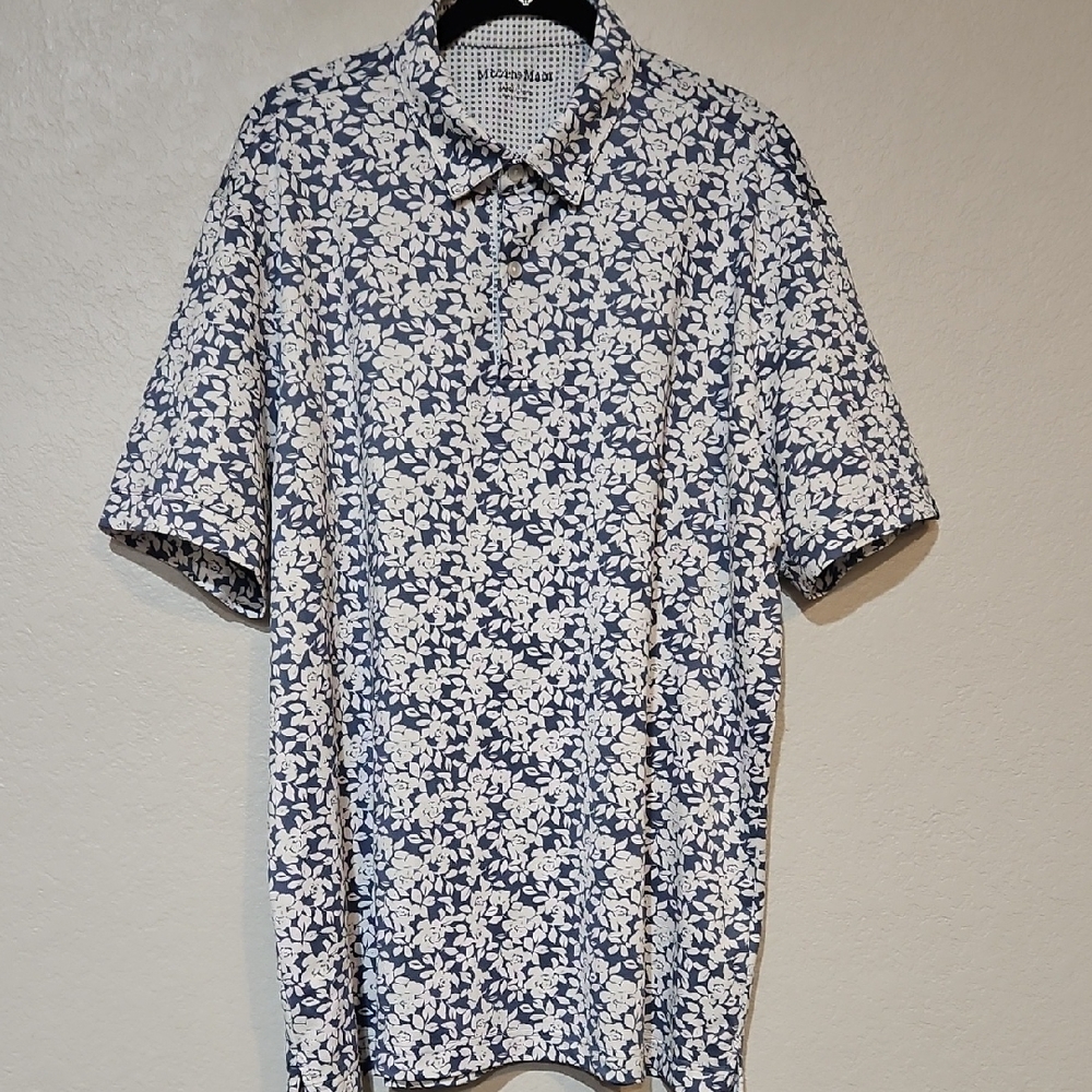 Mizzen+Main | Men's Smokey Blue White Floral Activewear Casual Polo Sz L